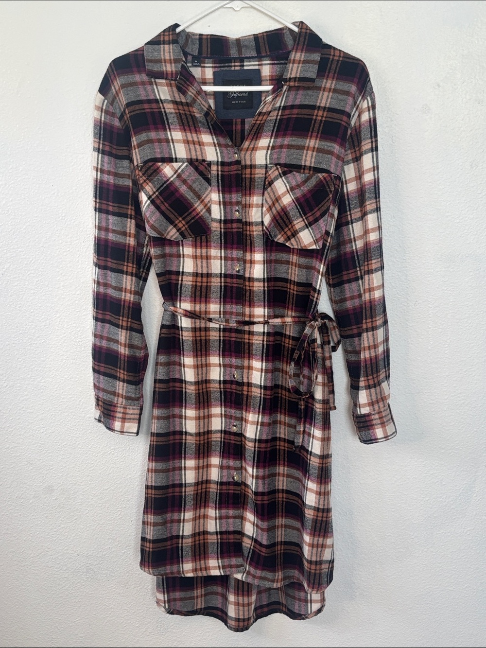 JACHS Girlfriend Burgundy & Cream Plaid Button-Front Shirt Dress Waist Tie -704s